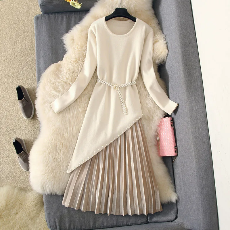 ALPHALMODA косой стильный длинный свитер + плиссированная бархатная юбка женский