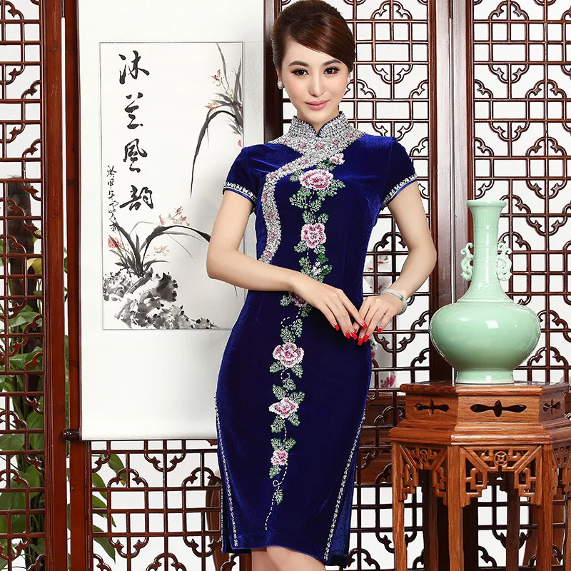 Роскошное ручное вышитое бисером вельветовое платье Cheongsam голубое китайское