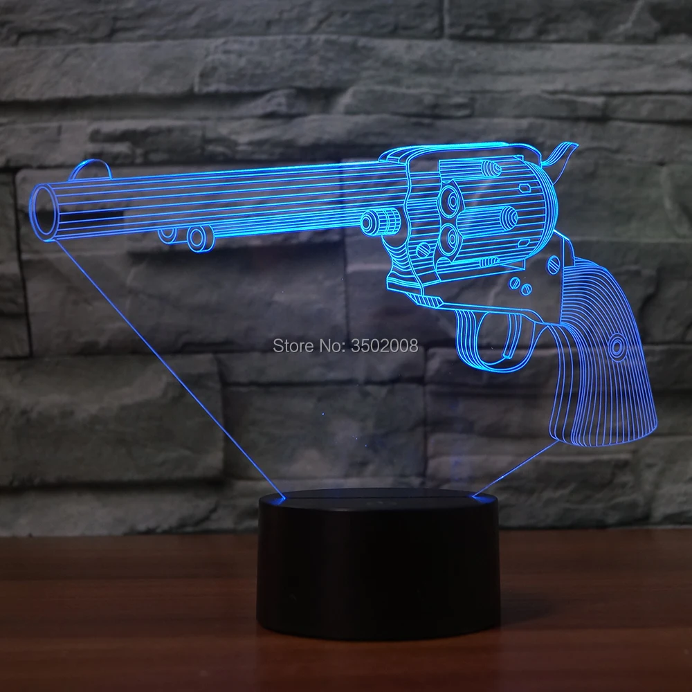 3D револьвер дизайн LED ночника 7 меняющихся цветов Настольная лампа для украшения