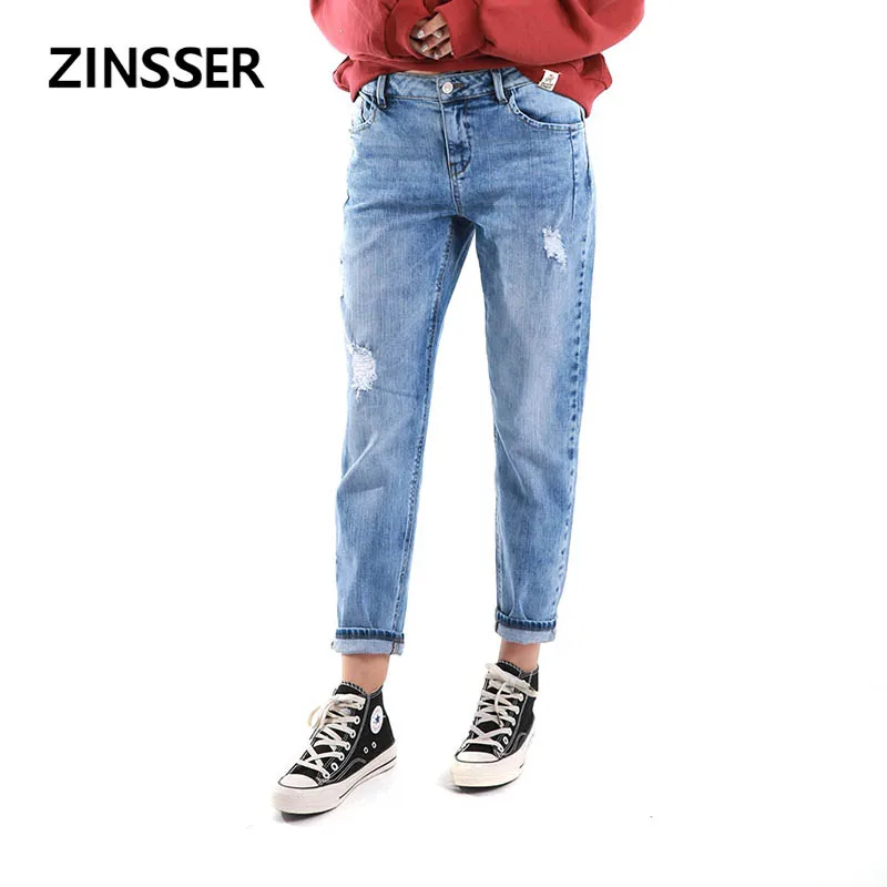 Осенне зимние женские джинсовые брюки бойфренды 100% хлопок с высокой талией