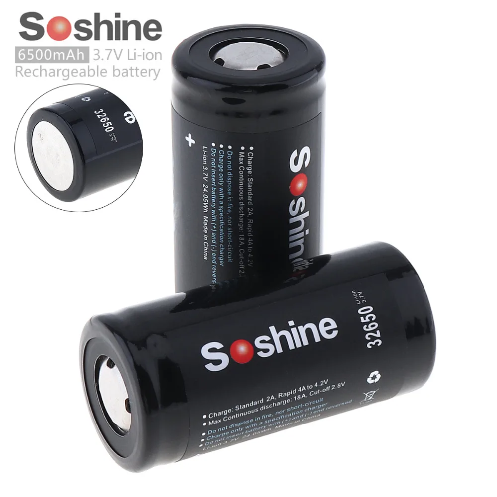2 шт. Soshine 6500mAh 3 7 V 32650 литий ионный аккумулятор для Перезаряжаемые Батарея 18A