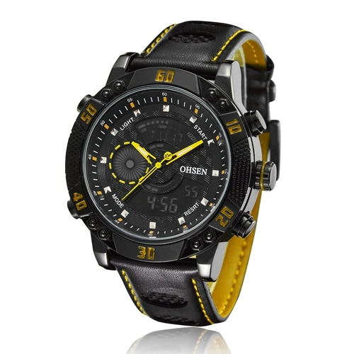 Black yellow OHSEN бренд цифровой кварцевые спортивные часы наручные часы мужские Мальчики кожаный ремешок Мода Красный Водонепроницаемый Открытый ручные часы часов подарок - Цвет: Black yellow