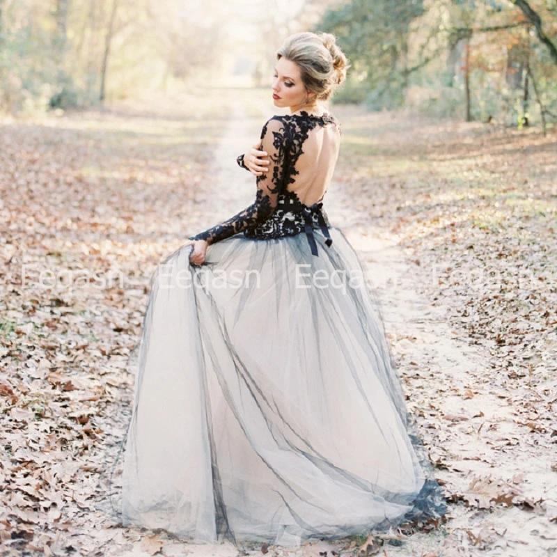 Винтаж Черный и белый Weding платья с длинными рукавами и открытой спиной трапециевидной формы кружевные апликации из тюля свадебное платье с поясом