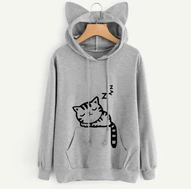 grey hoodie Милый Полувер Аниме Спать Кошка Принт Худи Харадзюку Каваи Xxl Корейские Оверсайз Свитшот Спортивная Кофта Женщина Карман Кенгуру Кофта С Капюшоном Повседневный Уличный Стиль Кошка Ухо Толстовка Капюшон - Цвет: grey hoodie