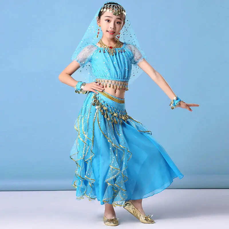 turquoise Детская одежда для детей сари наряд для выступлений костюм Болливуд с короткими рукавами для девочек, комплект из 5 предметов, много цветов - Цвет: turquoise