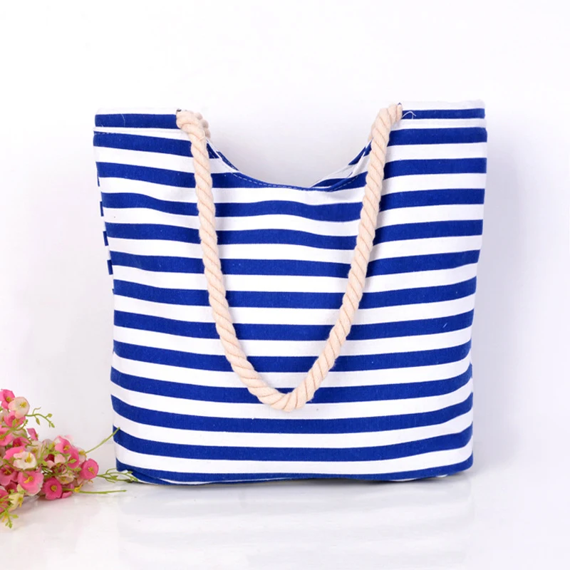 

4PCS / LOT Canvas Summer Beach Bag Ladies Shopping Bags Women Tote Bags Large Female Handbags Blue And White Striped Casual