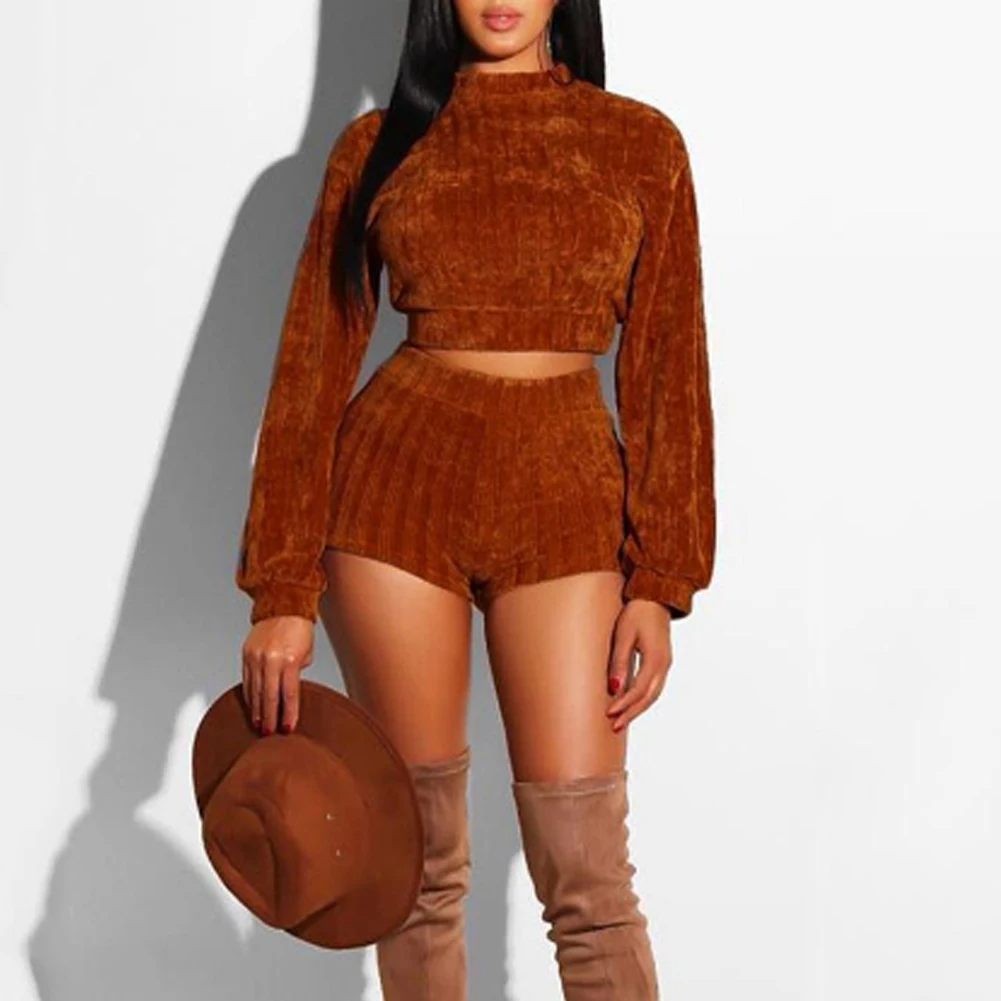 Fashion Women Bodycon Party Sets Clubwear Solid Color Long Puff Sleeve O-Neck Crop Tops High Waist Shorts 2Pcs Sexy Lady Clothes