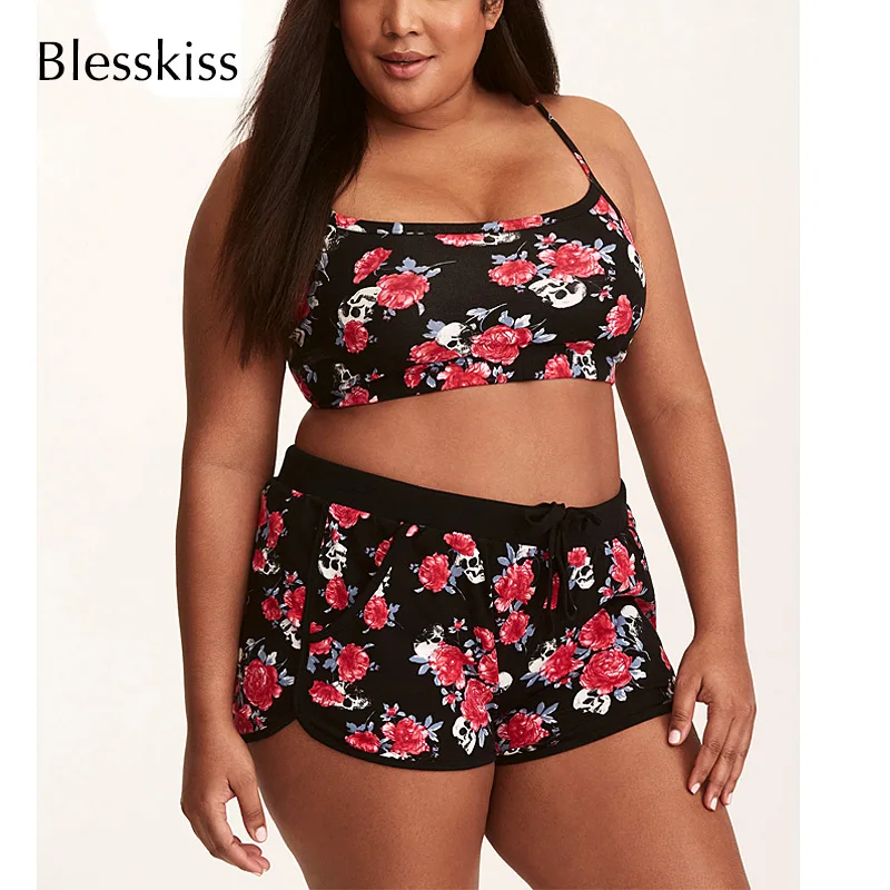 printed floral Blesskiss купальник с высокой талией, бикини размера плюс, купальник для женщин, большой купальный костюм с шортами, купальник для женщин, 5XL - Цвет: printed floral