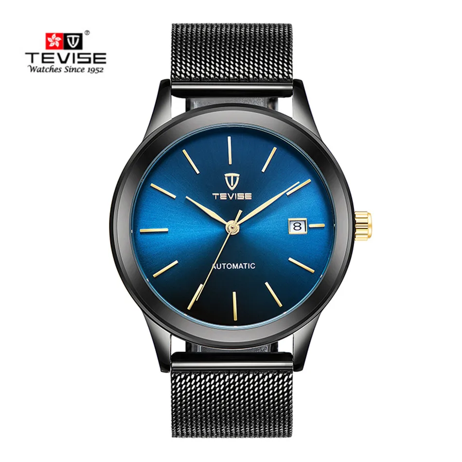 Black Blue TEVISE черный синий механические часы для мужчин сетка сталь Автоматические часы Полный Золотой роскошный водонепроницаемый ударопрочный Дата наручные часы для мужчин s - Цвет: Black Blue