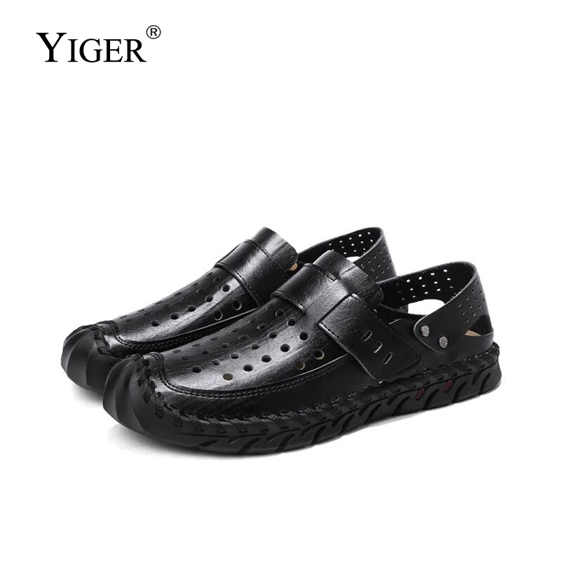YIGER/Новинка мужские пляжные сандалии повседневные из натуральной кожи Мужская