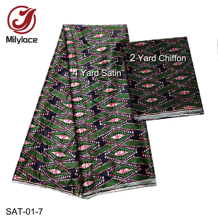 SAT-01-7 Новая африканская атласная ткань цифровое атласное с узором 4 ярдов+ нигерийская шифоновая ткань 2 ярдов для одежды шарф Сат-01-7-13 - Цвет: SAT-01-7