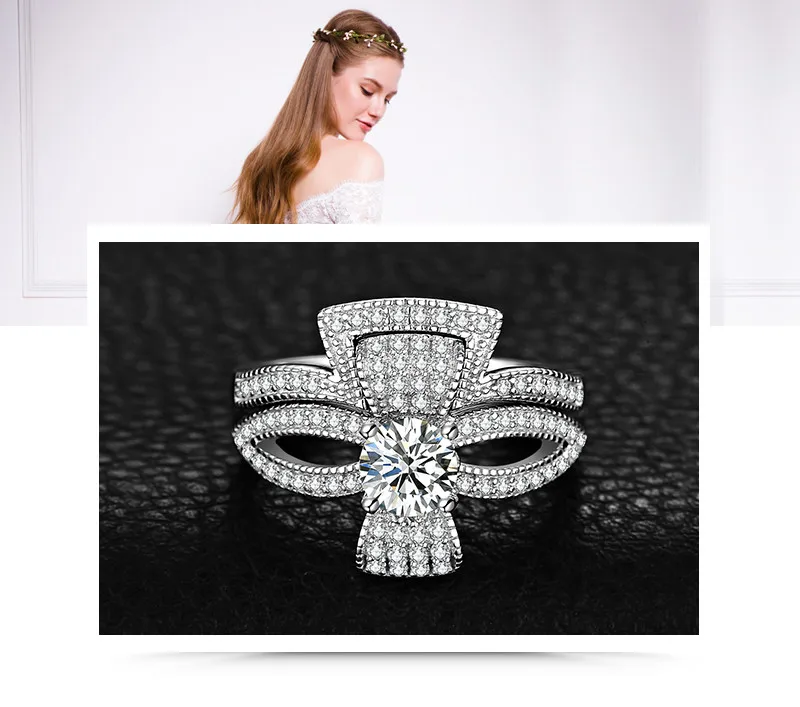 JewelryPalace круглый 1ct кубического циркония Флора с бантом из ленты; Разделение хвостовиком Обручение кольцо устанавливает 925 пробы Серебряные ювелирные изделия Модные
