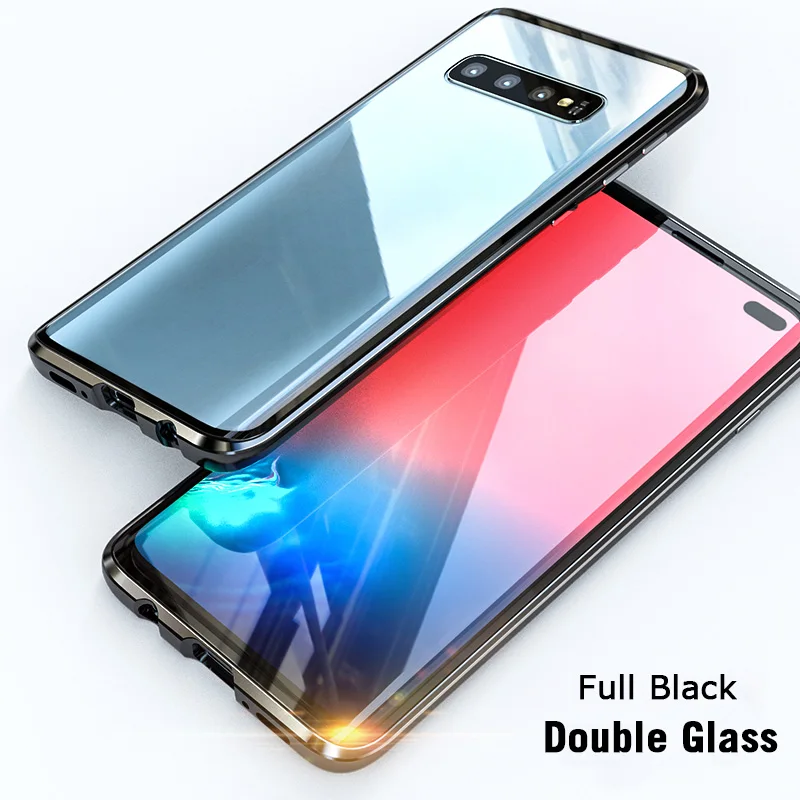Double Full Black Двухместный Закаленное Стекло S10plus чехол для samsung Galaxy S10 S8 S9 плюс S10E примечание 9 8 магнитных металлический каркас адсорбции крышка - Цвет: Double Full Black