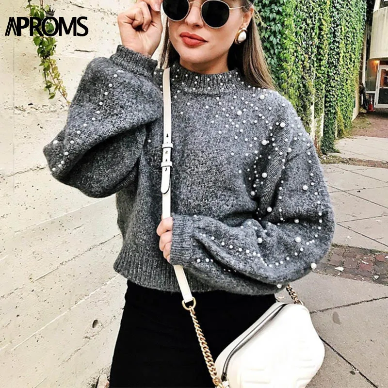 Aproms, водолазка, вязаный свитер с жемчугом, женский, зимний, Повседневный, с рукавом-фонариком, серый, свитера и пуловеры, женский, осенний, Pull Femme