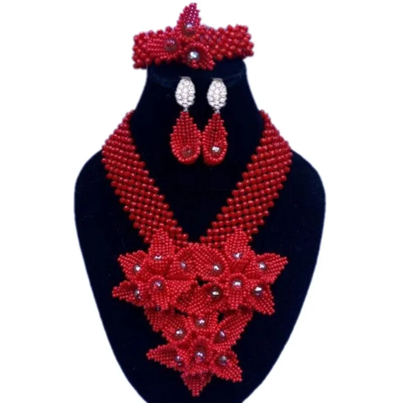 

Fashion Jewelry Set For Nigerian Women Crystal African Bridal Beads Sets Braid Petals Flower Wedding Jewellery Red Custom Color