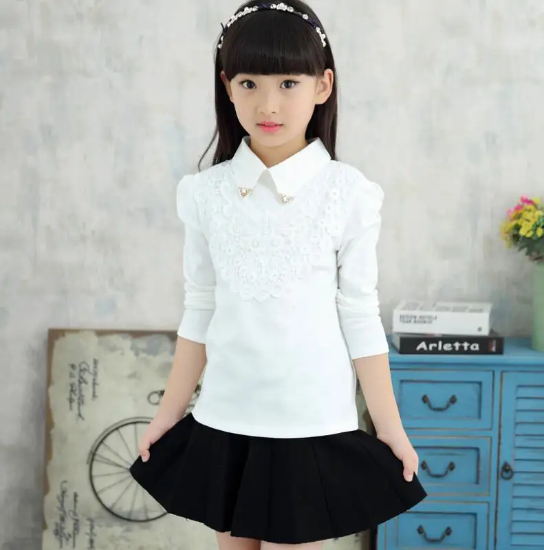 white 2 kids shirts Г. Блузка для девочек, рубашки школьная форма для девочек-подростков, Одежда Блузки для девочек топы для детей, хлопковая кружевная рубашка с длинными рукавами для детей - Цвет: white 2 kids shirts