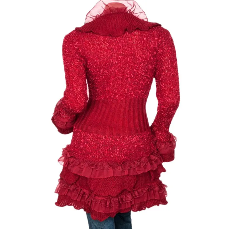 Ruffles sweater cardigan women knitted long autumn lace spliced vintage ladies cute ruffled collar butterfly Sleeve |