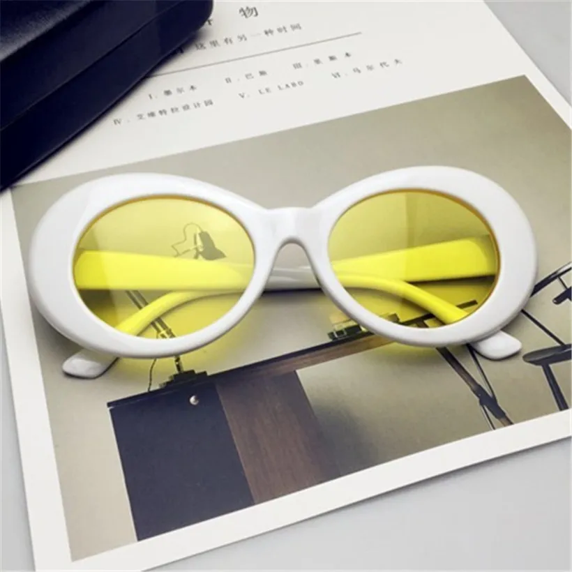 White Yellow НИРВАНА Курт Кобейн Солнцезащитные Очки Очки Ночного Видения Солнцезащитные Очки Мужчины Женщины Ретро Овальный Солнцезащитные Очки UV400 Дизайн женщин Очки - Цвет линз: White Yellow