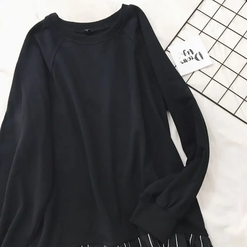 Winter Dresses Women 2017 Casual Loose Striped Patchwork Fake Two Piece Long SLeeve Sweatshirt Dress Black Midi D216 | Женская одежда