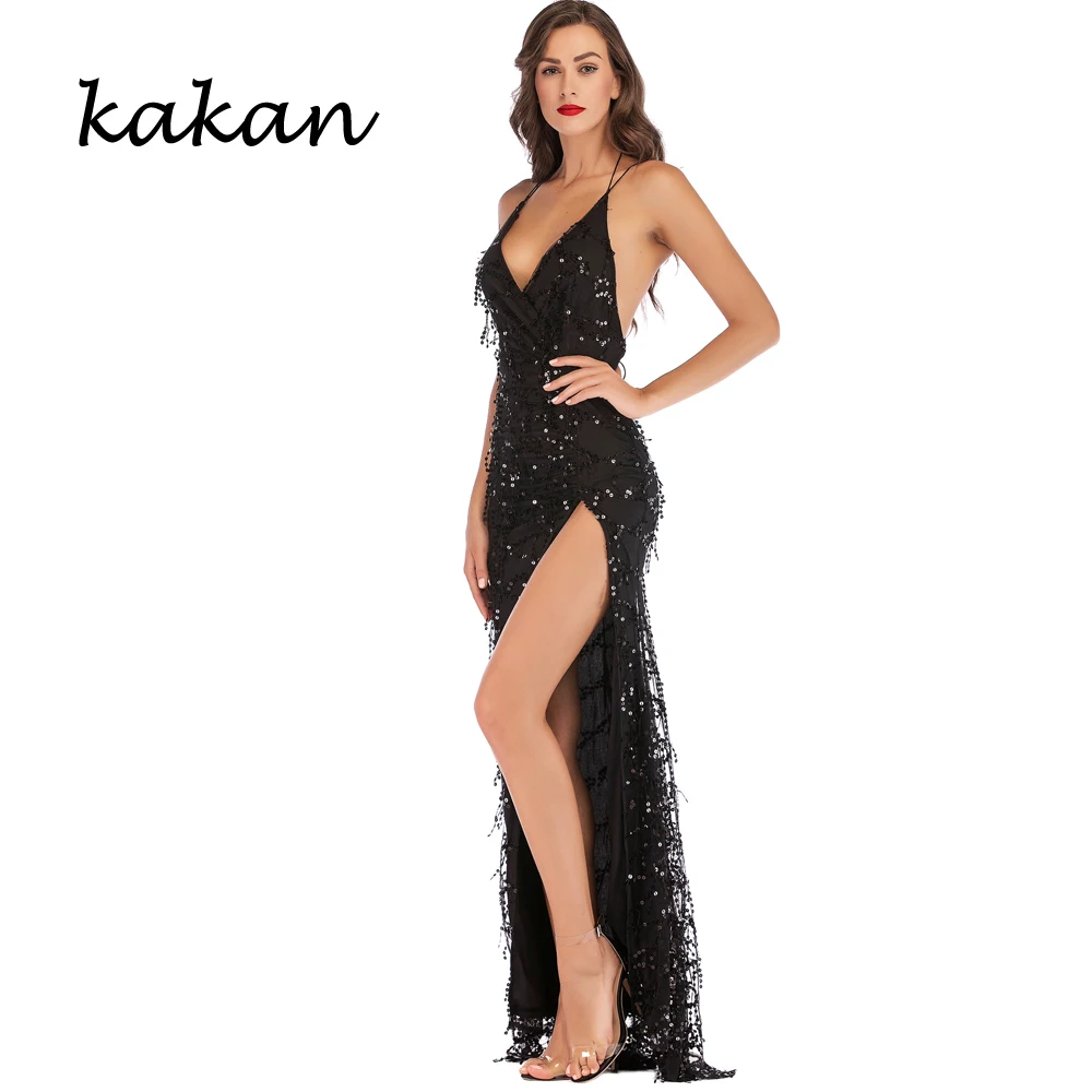 

Kakan 2019 new women's tassel sequin dress sexy club party dress tassels perspective back high slit dress