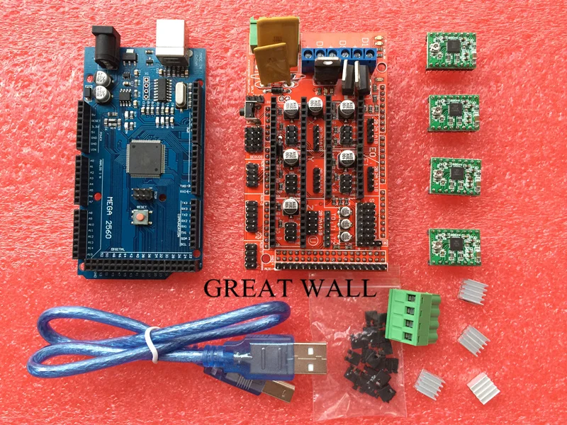 Mega 2560 R3+ 1 шт. RAMPS 1,4 контроллер+ 4 шт. A4988 шаговый модуль драйвера для 3d принтера комплект Reprap MendelPrusa