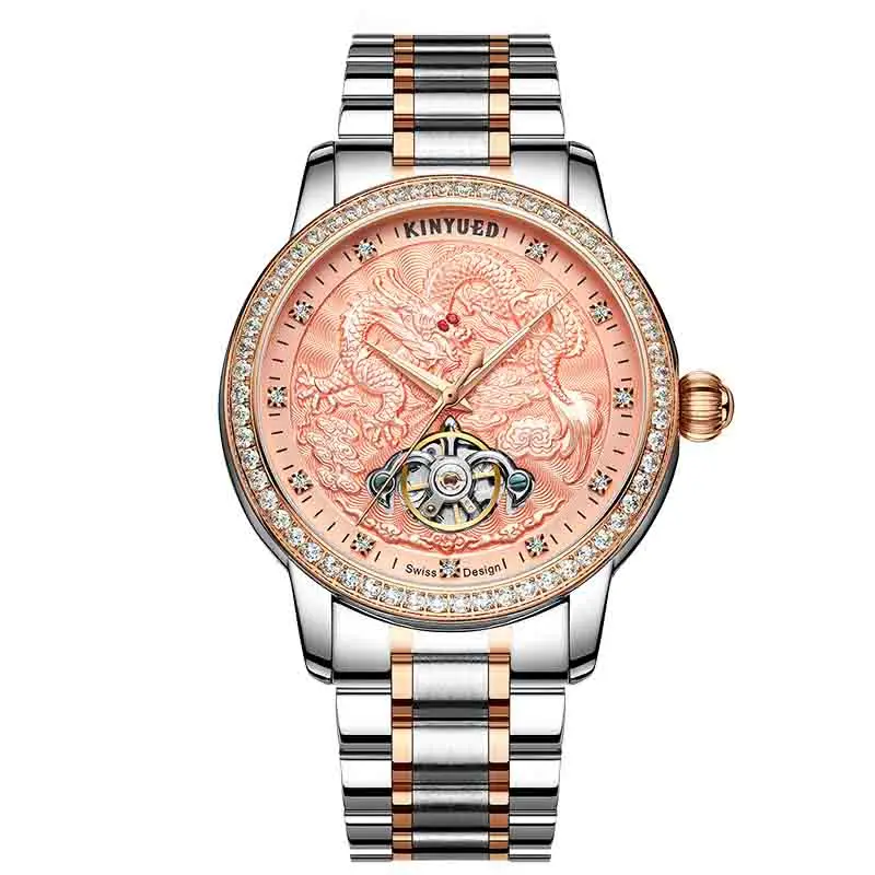 Rose Silver with box Мужские часы KINYUED, Мужские автоматические механические часы с каркасом турбийон, мужские часы из золотистой стали, водонепроницаемые мужские часы - Цвет: Rose Silver with box