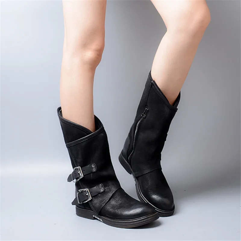 

Prova Perfetto Original Design Real Leather Buckle Strap Patchwork Woman Chelsea Boots Thickness Bottom Big Size Low Heel Boots