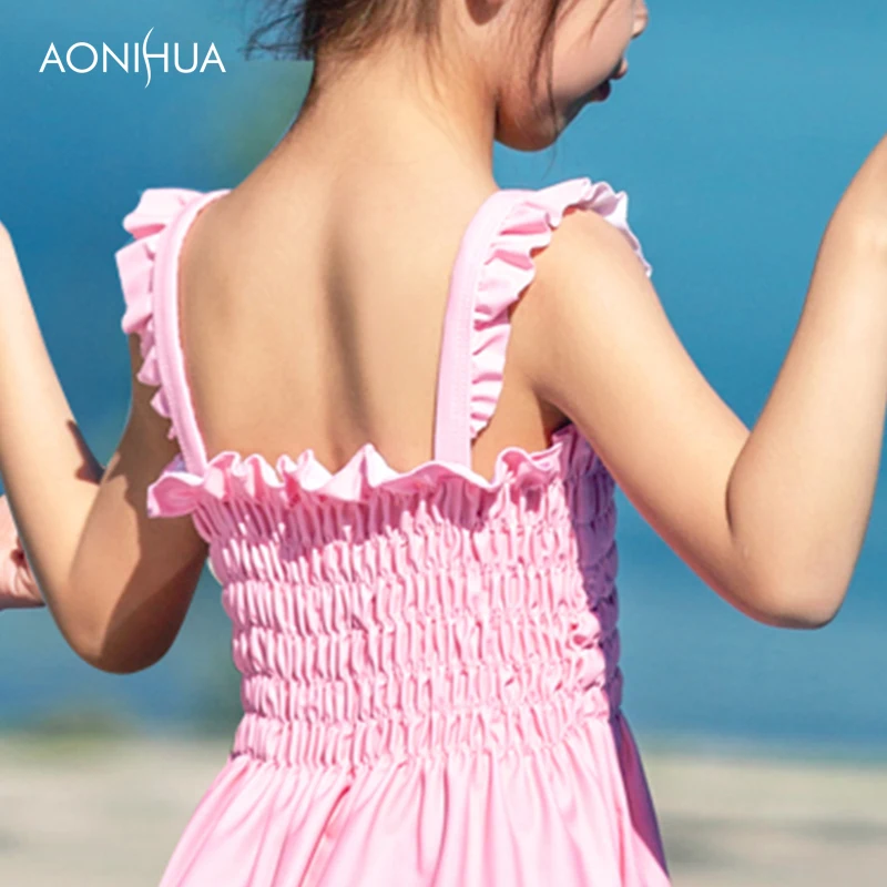 

AONIHUA one-piece suits Sweat Girl Pink Skirt With Bow Tie Decorate Swimsuit Girls Travel Beach Batching Suit 2-12 Years