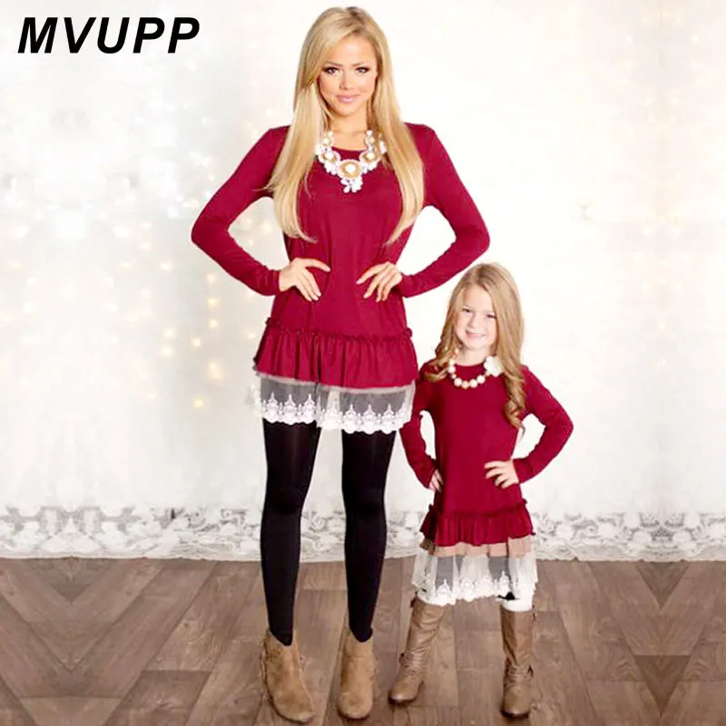 Mommy and Me модное платье MVUPP для мамы и дочки Красные кружевные лоскутные платья с
