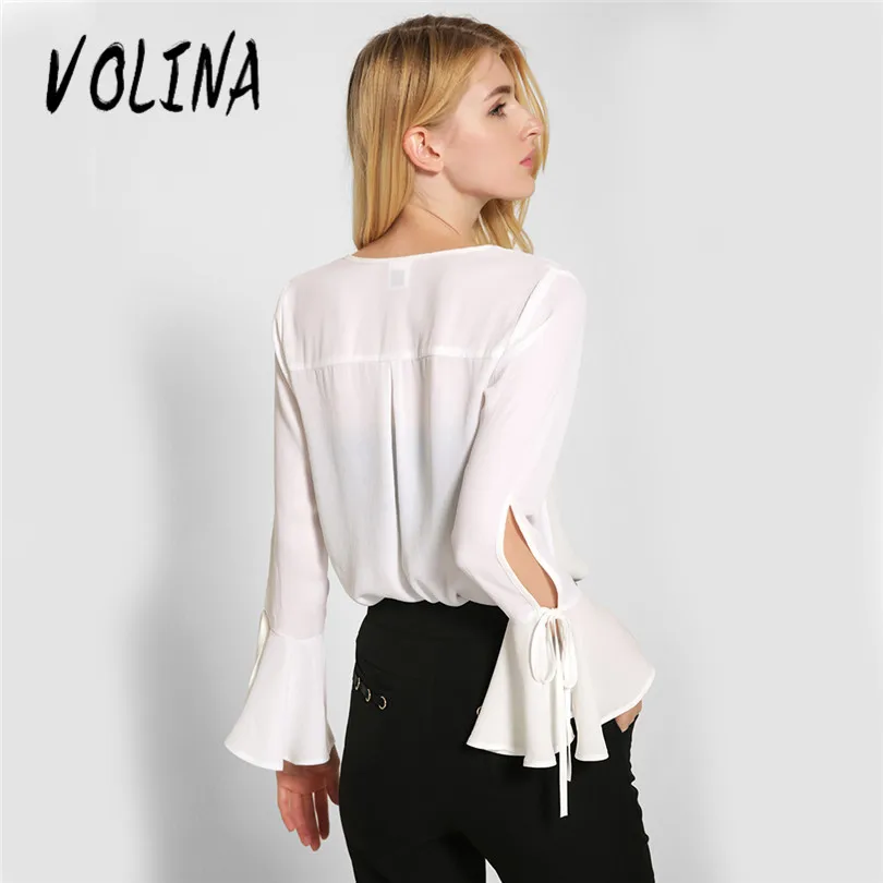 VOLINA chiffon shirt women tops long sleeve Flare red black ladies shirts summer hollow out plus size female fashion | Женская одежда