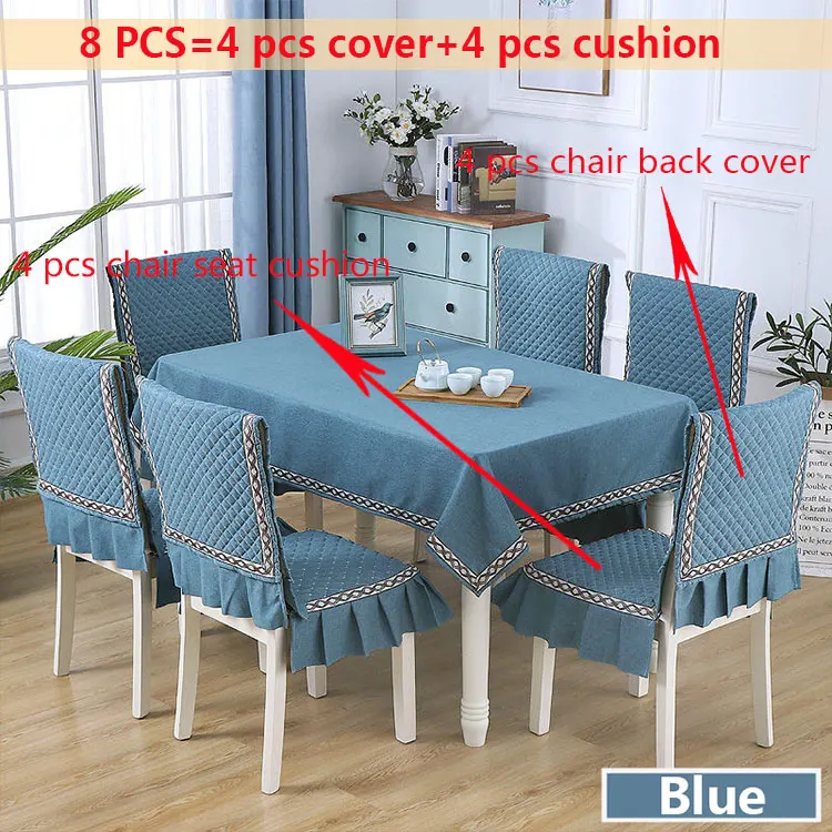 Blue 8pcs Простой стиль льняная скатерть противоскользящая крышка стула подушка для столовой Пыленепроницаемая скатерть 130*180/150*200 см крышка стола - Color: Blue 8pcs
