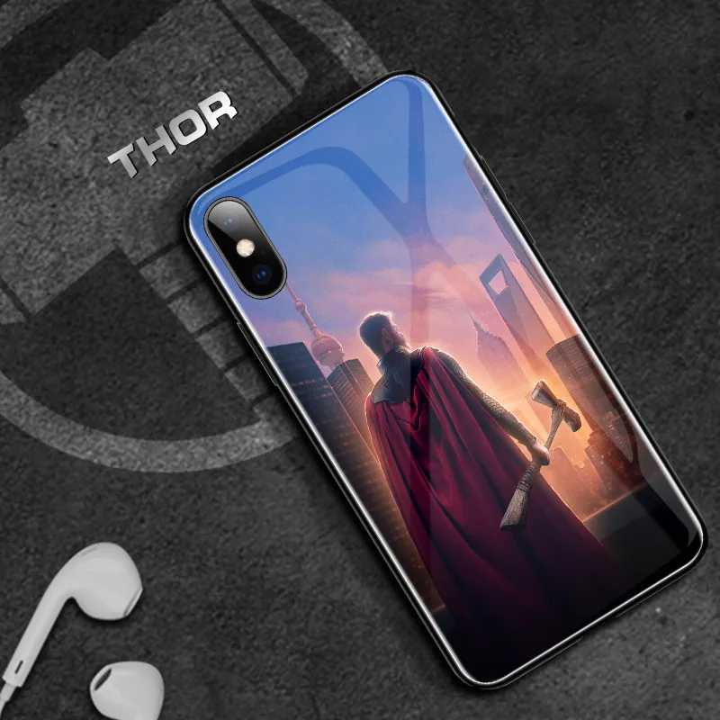 Marvel Coque роскошный стеклянный чехол для телефона Железный человек Америка Капитан силиконовый чехол для iPhone 6 6s 7 8 Plus X XS Max XR Мстители Funda - Цвет: Thor