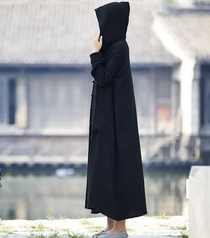 Женская длинная куртка из хлопка и льна однотонная с капюшоном в оригинальном