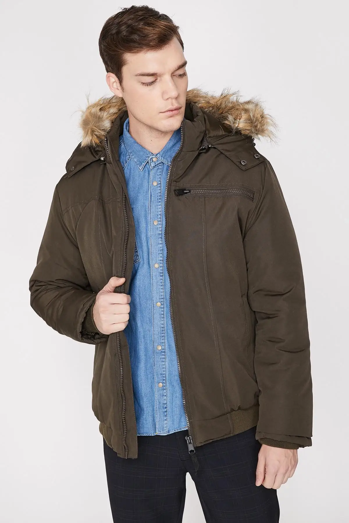 Koton мужские зеленые пальто с капюшоном из искусственного меха на молнии