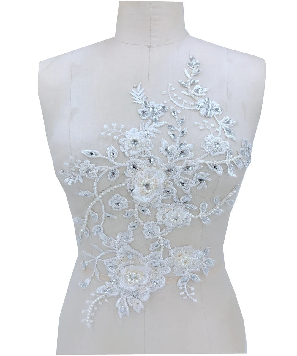 

handmade peal silver Rhinestones ivory lace applique trim patches 44*25cm for dress skirt