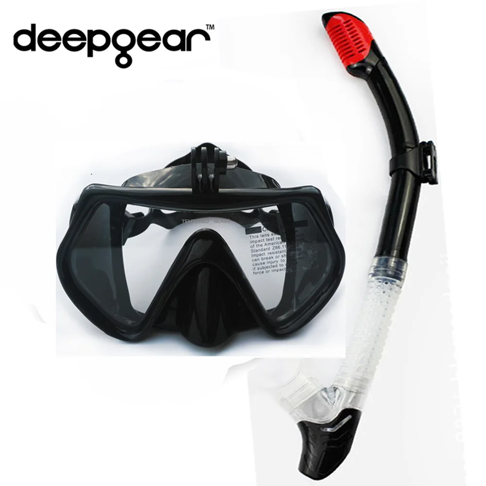 DEEPGEAR камера, маска для подводного плавания, набор для подводного плавания, черная силиконовая маска для подводного плавания с сухой трубкой, закаленное стекло, маска для подводного плавания для Gopro