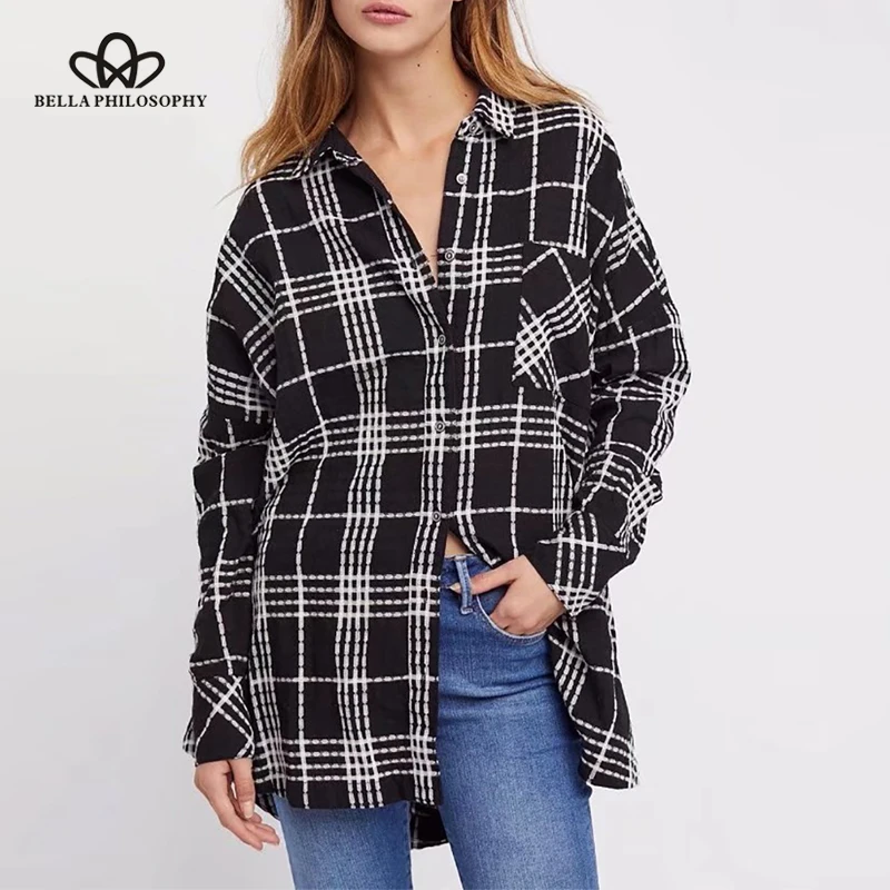 Женские рубашки в клетку Bella Philosophy Длинные свободные винтажные с отложным