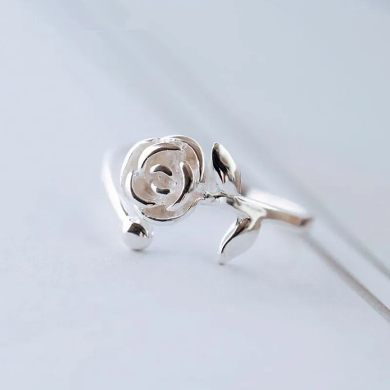 

Beautiful New Fashion Temperament Silver Plated Jewelry Rose Leaves Flower Popular Opening Rings R089