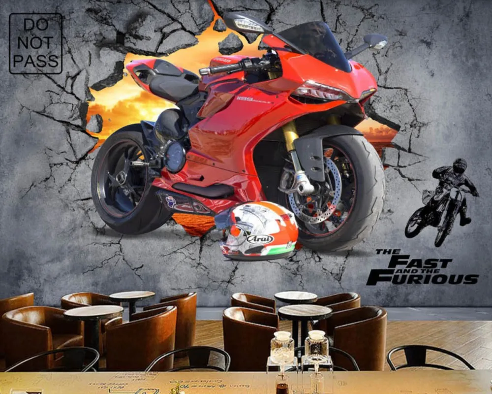 Бесплатная доставка крутой мотоцикл сломанная Стена бар кофейня на заказ 3D