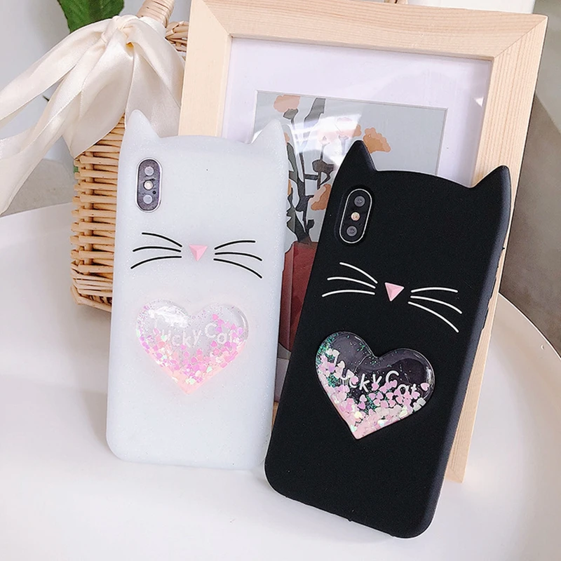 Tfshining Cute Liquid heart quicksand Cases Cover For Iphone XR XS Max 7 8 6 6s Plus X 3D Cartoon Beard Lucky Cat Silicone Case |