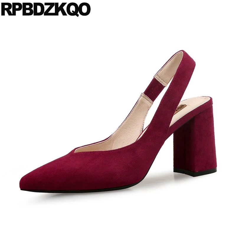 Высокие каблуки Короткая Slingback мода Работа насосы Размер 4 34 Синяя женская обувь офис элегантный замша черный Указательный палец 33 китайская новая Лето Китай