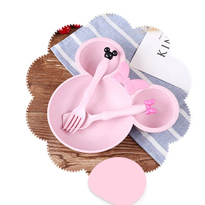 pink 3 шт./компл. креативная детская чаша с героями мультфильмов/ложка/вилка Набор посуды милый поднос для ланча посуда Пшеничная солома детская обучающая чаша посуда - Цвет: pink