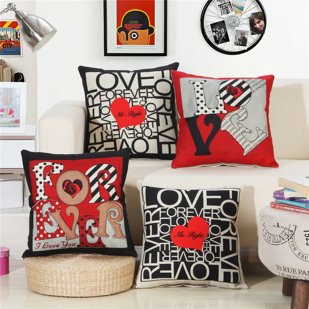 

45x45cm Love Heart Pillow Cover Cotton Linen Printed Sofa Cushion Cover Home Bedroom Bedside Throw Pillowcase