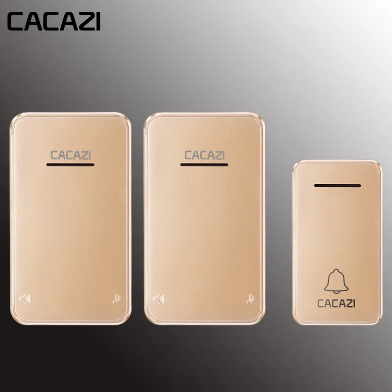gold1x2 Водонепроницаемый Домашний Беспроводной дверной звонок CACAZI с автономным питанием, 200 м, пульт дистанционного управления, без батареи, светодиодный светильник, звонок-кольцо, ЕС вилка 48 - Цвет: gold1x2