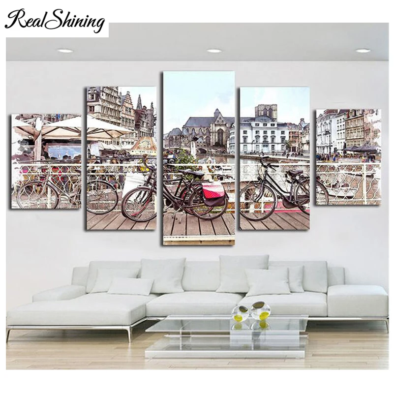 

REALSHINING 5D Diamond Embroidery City Bike Multi-picture 3d DIY Full Square Rhinestones Painting Home Decor Needlework FS891