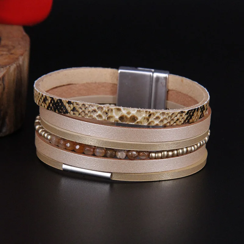ZG натуральный камень женский кожаный браслет Pulseira многослойный браслет с магнитной пряжкой Женская мода
