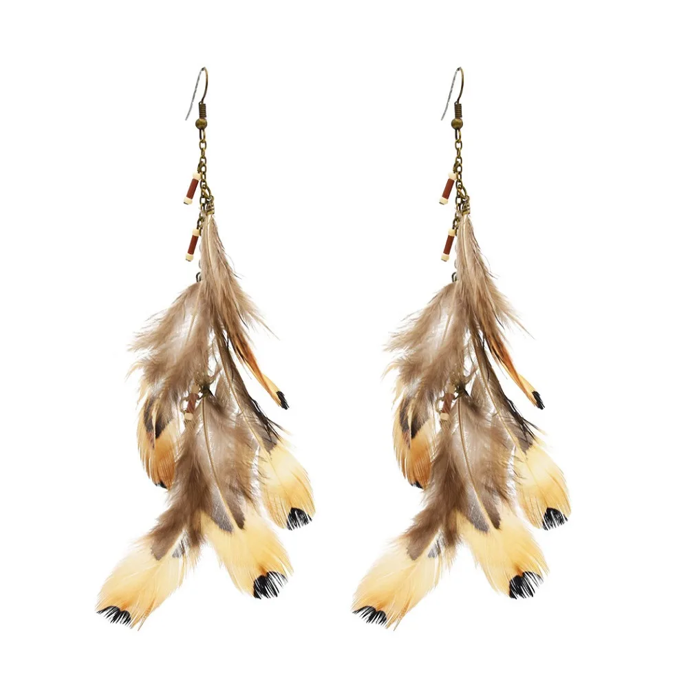 Серьги подвески с перьями в богемном стиле 3 стиля красочные коричневые длинные