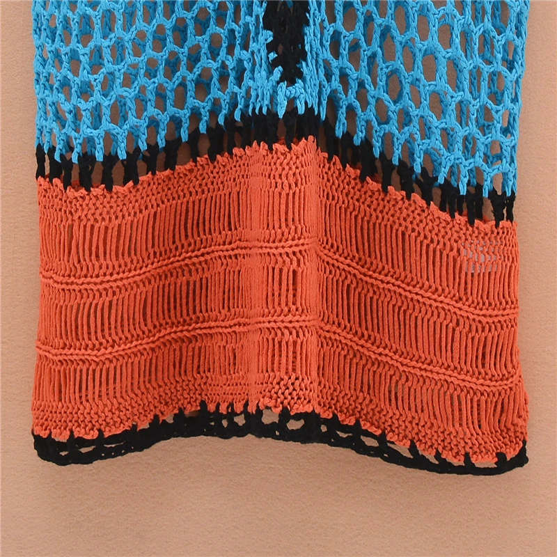 

New fashion summer hollow out hand crocheted contrast color sleeveless top cover shirt long style holiday cover shirt for women