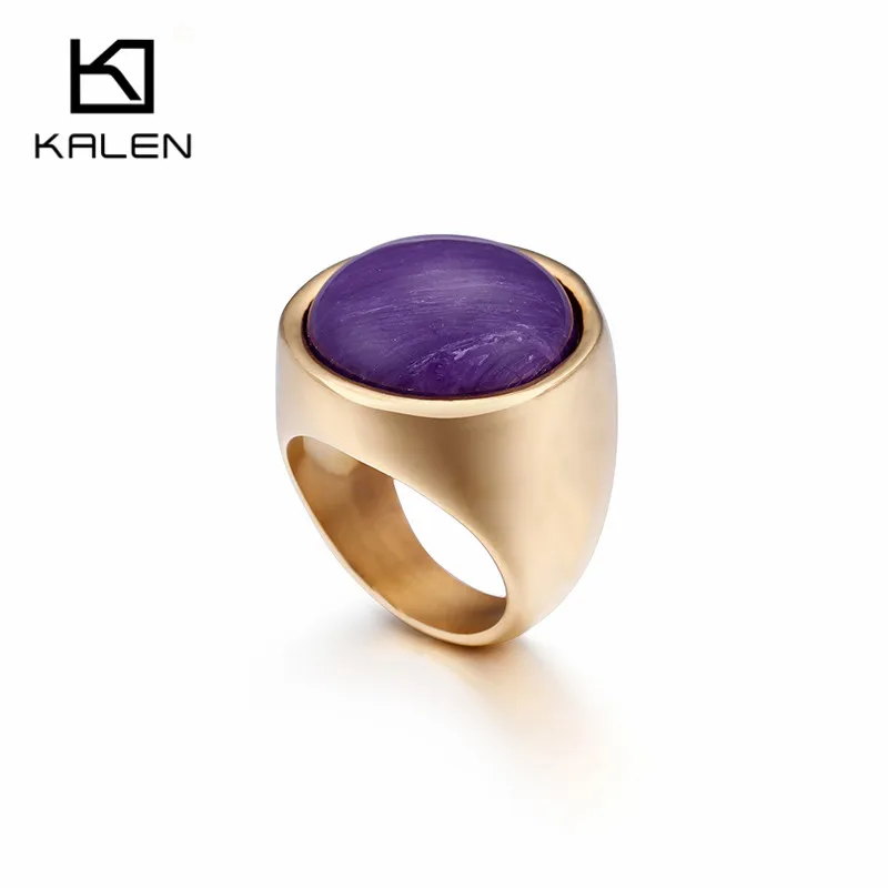 KALEN, 1 шт., нержавеющая сталь, болгарийское золото, кольца для женщин, Богемия, цветной камень, кольца на палец, размер 6, 7, 8, 9, дешевые кольца, ювелирные изделия - Цвет основного камня: gold purple