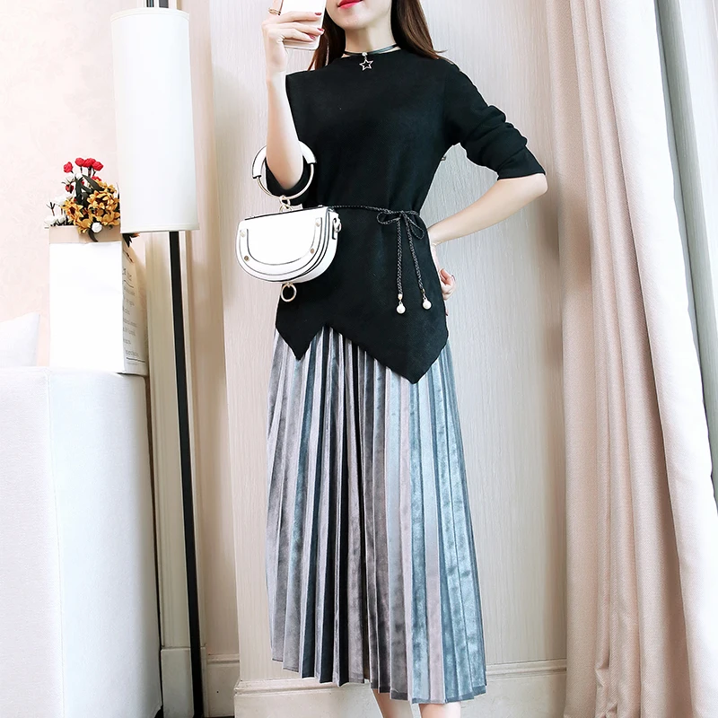 

big yards women clothes vogue new knitting Top Pressure pleated skirts two-piece pullover sweater outfit clothing set M-5XL